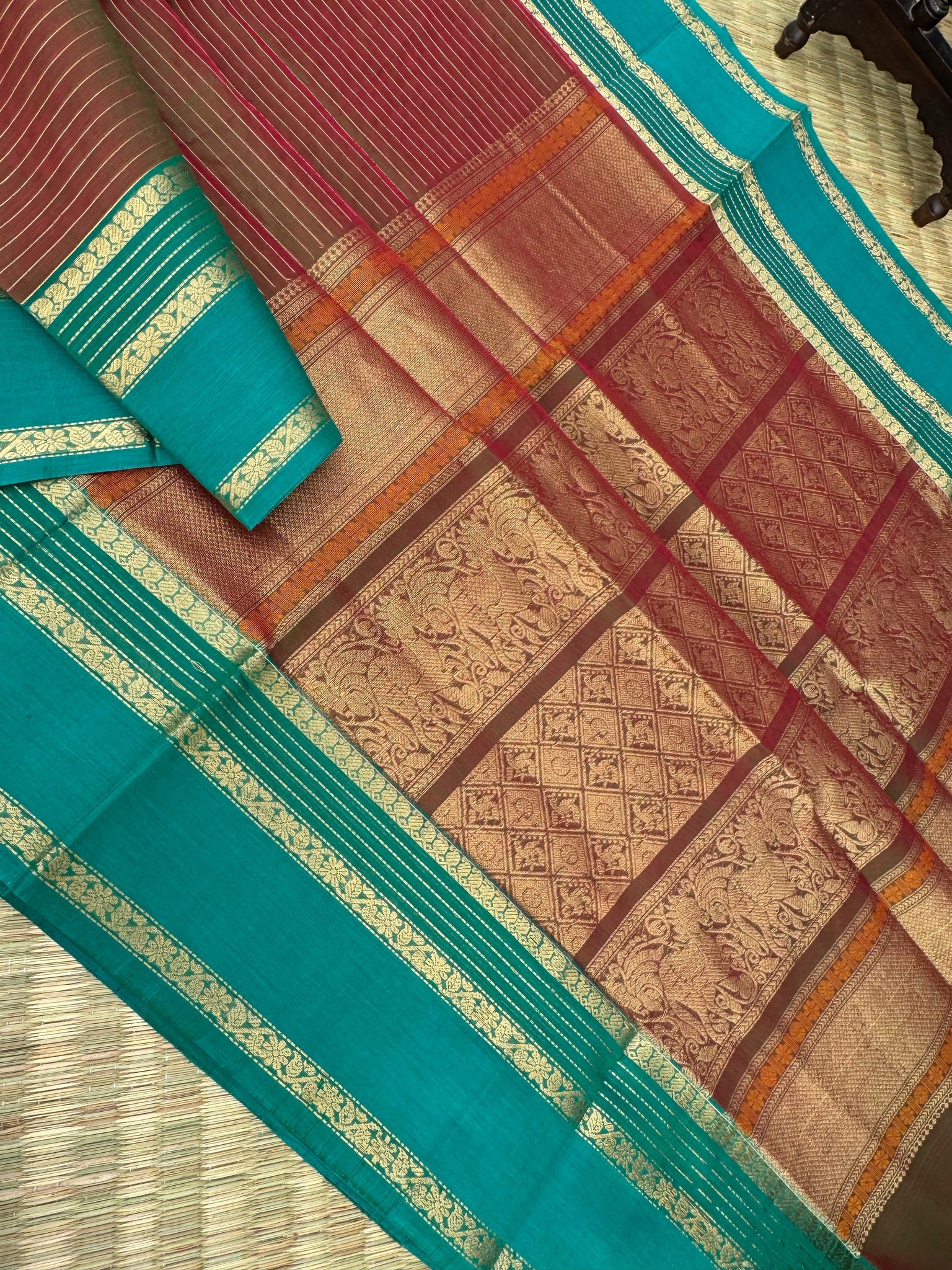 Zari Kissed Silk Cotton - maanthulir brown oosi stripes with teal borders