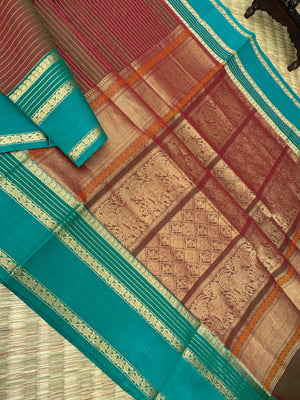 Zari Kissed Silk Cotton - maanthulir brown oosi stripes with teal borders