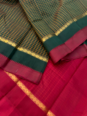 Woven Motifs Silk Cotton - deep dark forest green and aaraku chex woven body