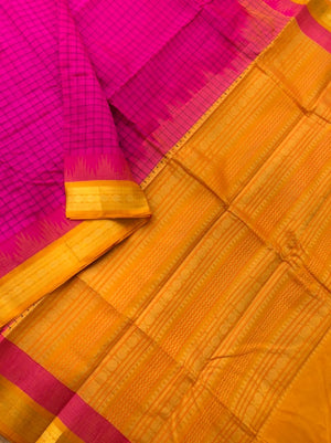 Divyam - Korvai Silk Cotton with Pure Silk Woven Borders - rani pink and mustard Chexs