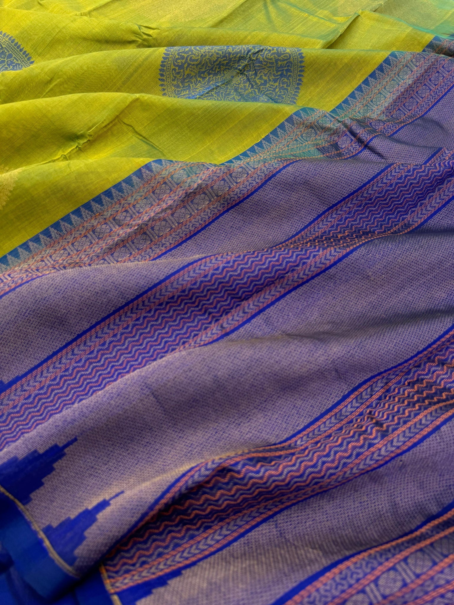 Woven Motifs Silk Cotton -fresh green and blue thamboolam thathu motifs borderless silk cotton