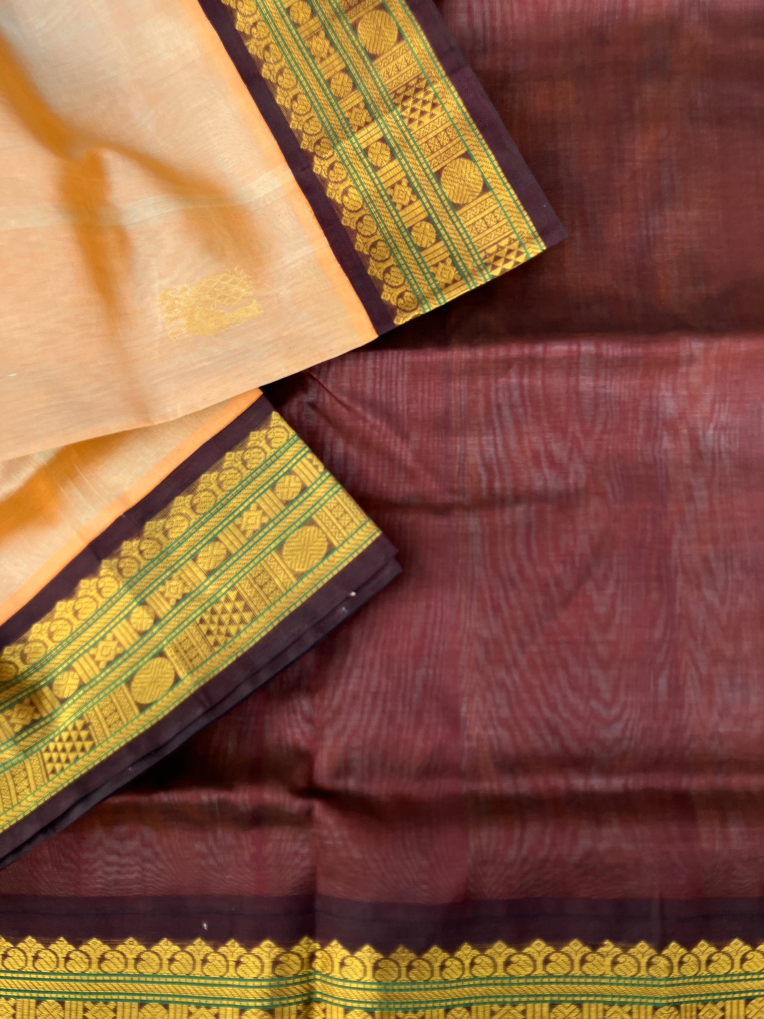 Korvai Silk Cotton - unusual rusty cream body and coffee bean pallu and blouse