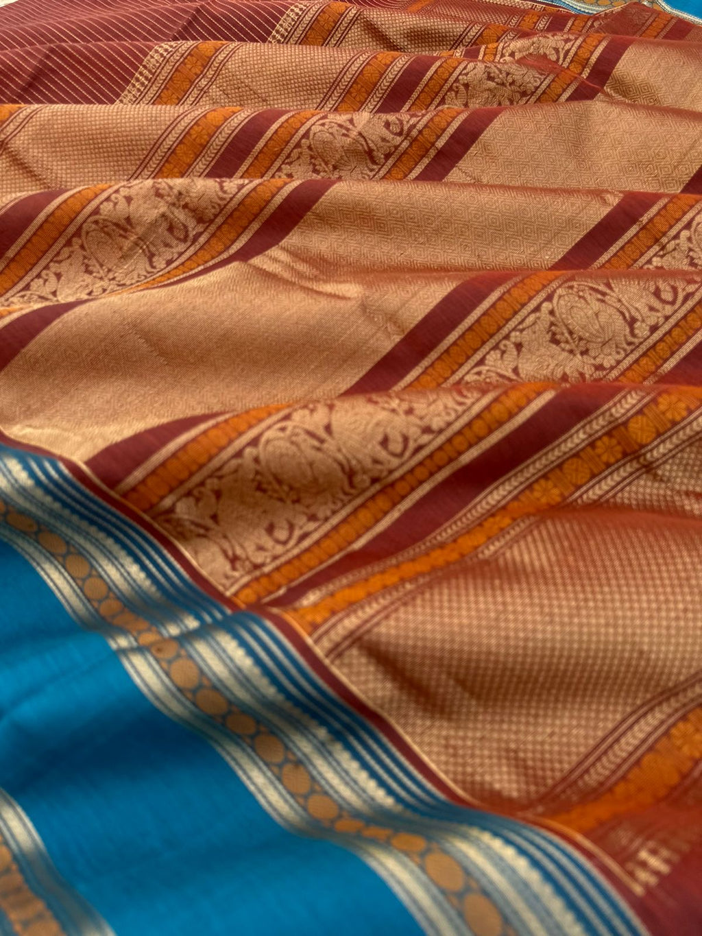 Dark Edition on Zari Kissed Silk Cotton - soil brown and burnt teal unusual oosi strips