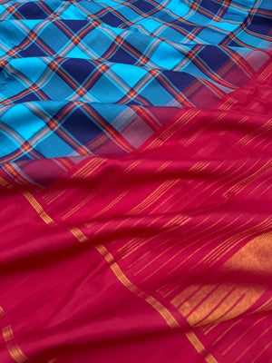 Diwali Edits - Soulful Kanchivaram - stunning blue on blue chex kanchivaram with deep dark red korvai woven borders