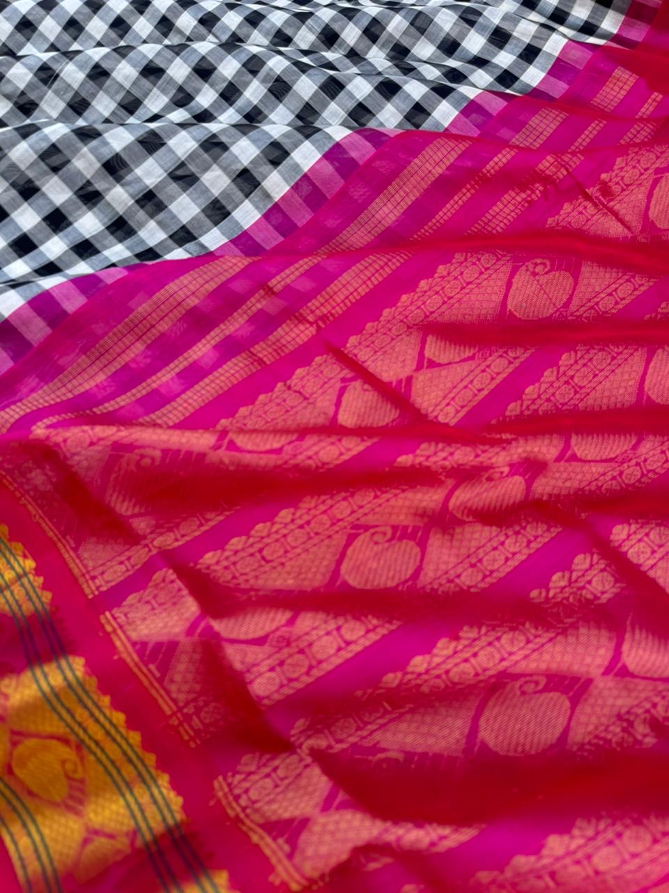 Korvai Silk Cottons - black and white chex with pink pallu and blouse