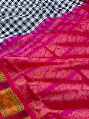Korvai Silk Cottons - black and white chex with pink pallu and blouse