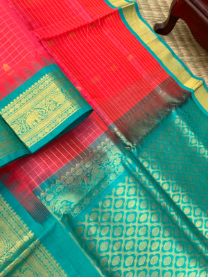 Korvai Silk Cotton - kanakambaram pink and teal zari kattam