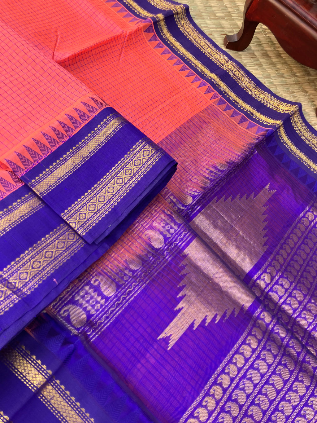Korvai Silk Cotton - peach pink and ms blue kari kattam