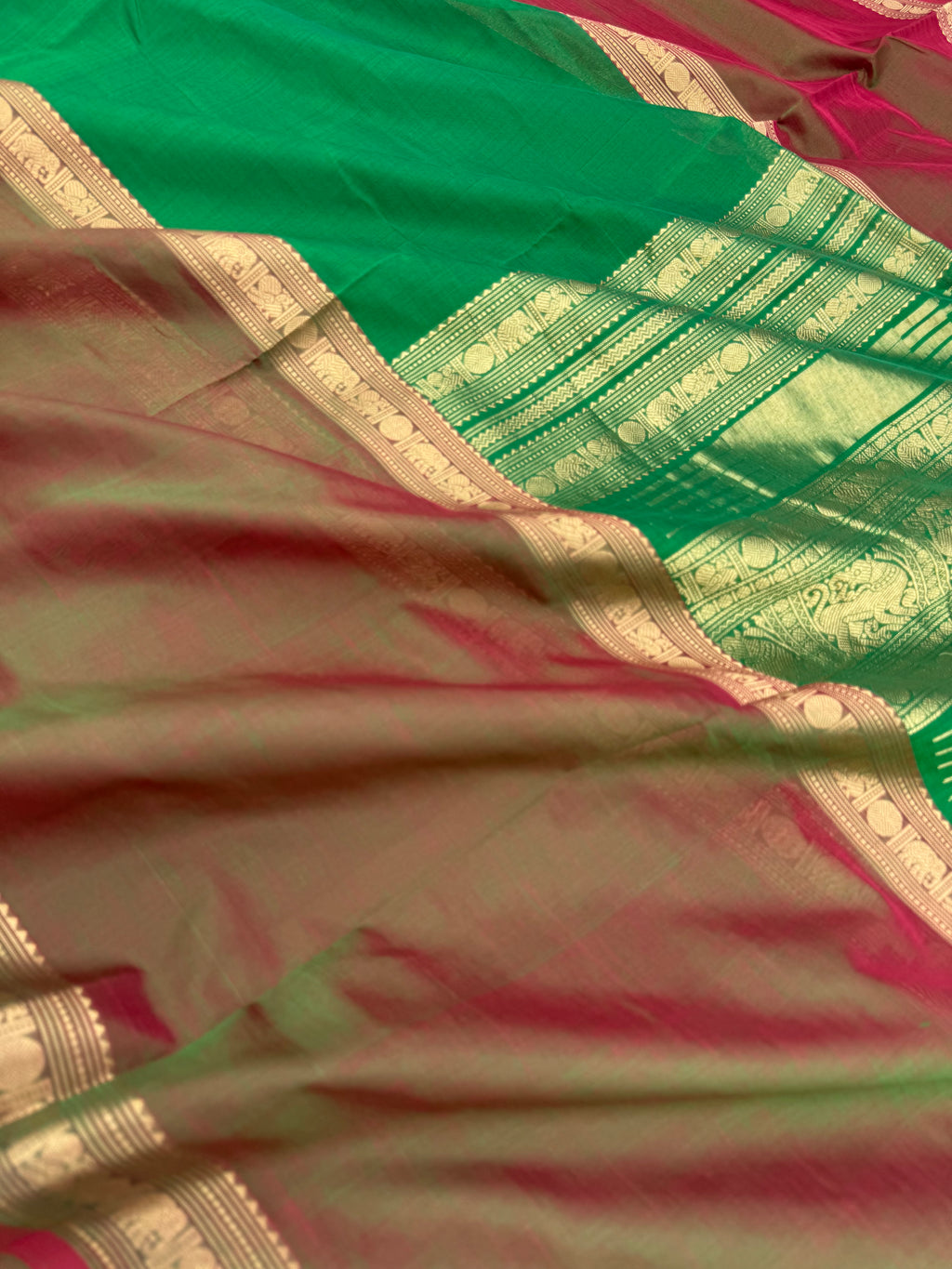 Zari Kissed Silk Cotton - A rare find classic mubbagam ( mubbagam means three parts ) green and maanthulir