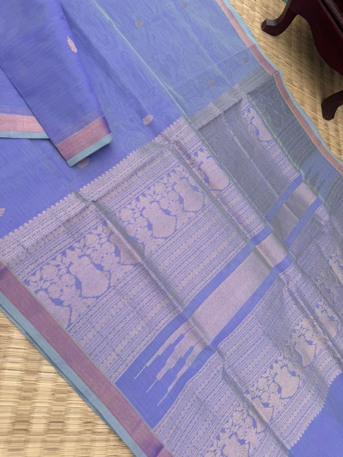 Zari Kissed Silk Cotton - pastel pale lavender with ribbon borders