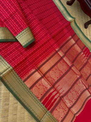 Woven Motifs Silk Cotton - red Lakshadeepam with green borders