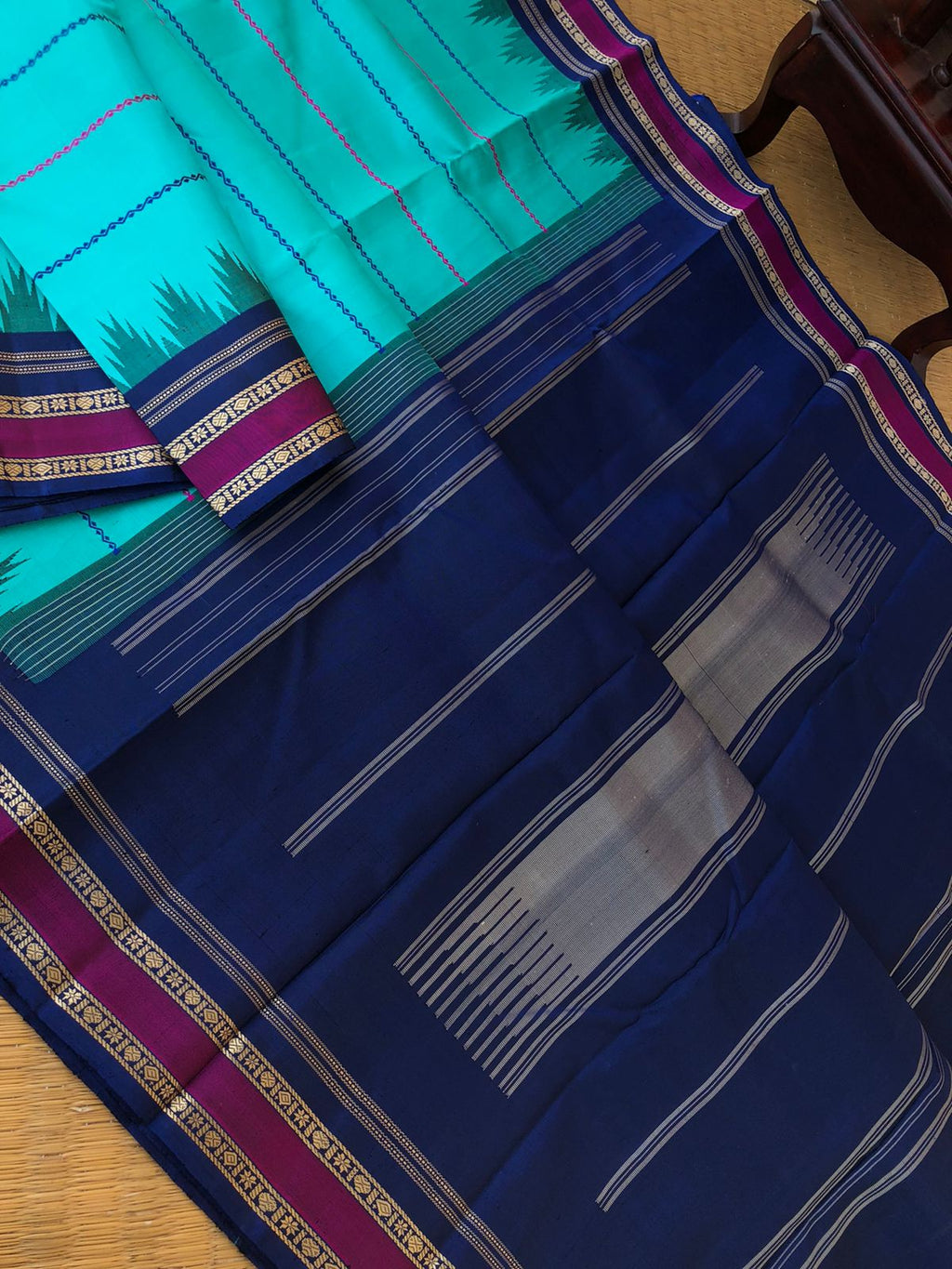 Silk Play on No Zari Kanchivaram - turquoise blue veldhari woven body with simple navy blue pallu