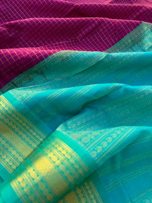 Korvai Silk Cotton - deep majenta and aqua zari kattam