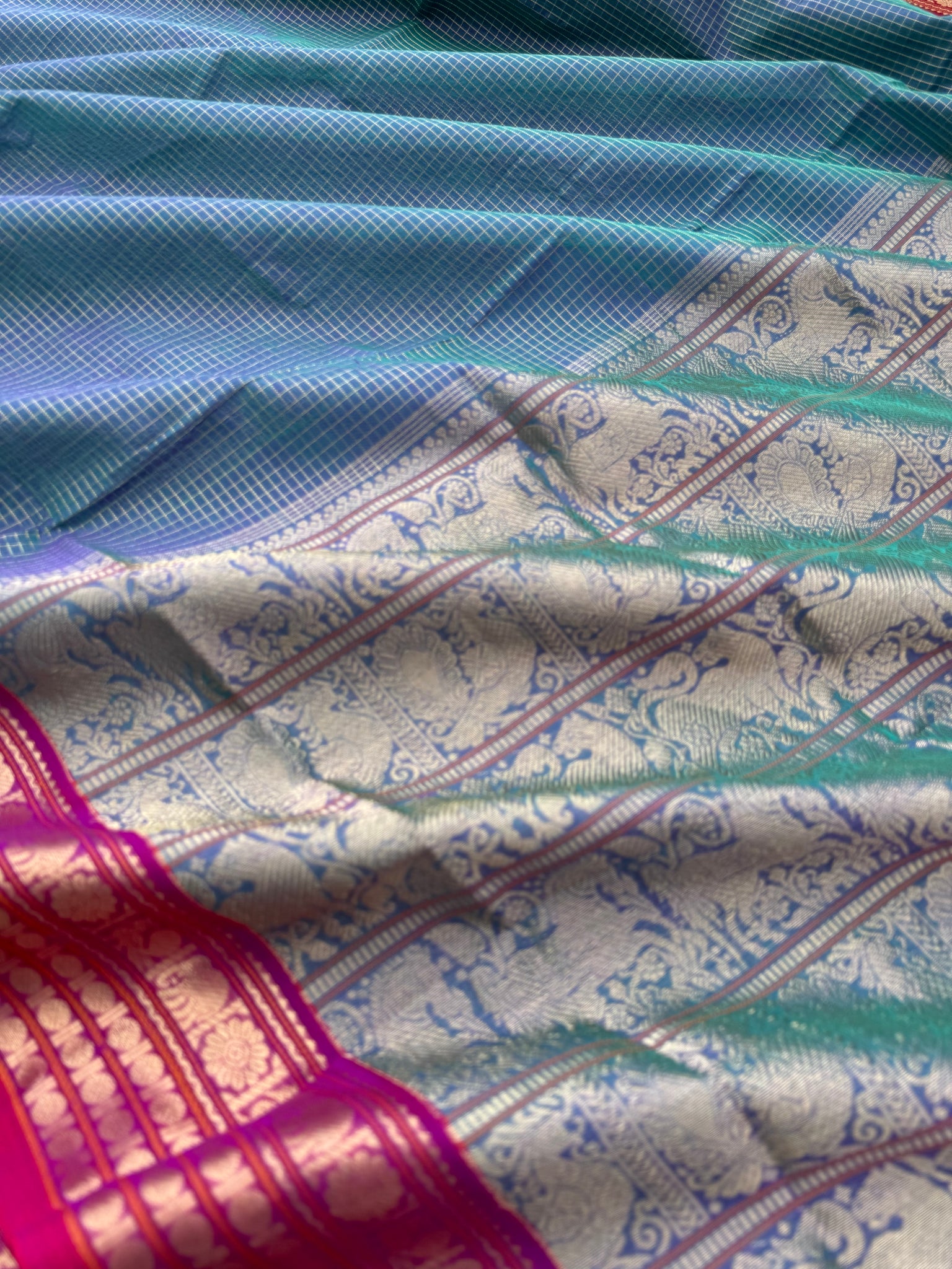Zari Kissed Silk Cotton - dual tone teal and blue vairaoosi kattam