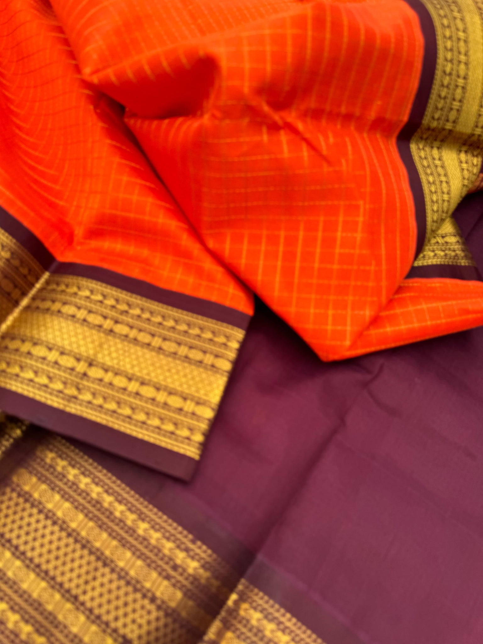 Korvai Silk Cottons - orange and burgundy zari kattam