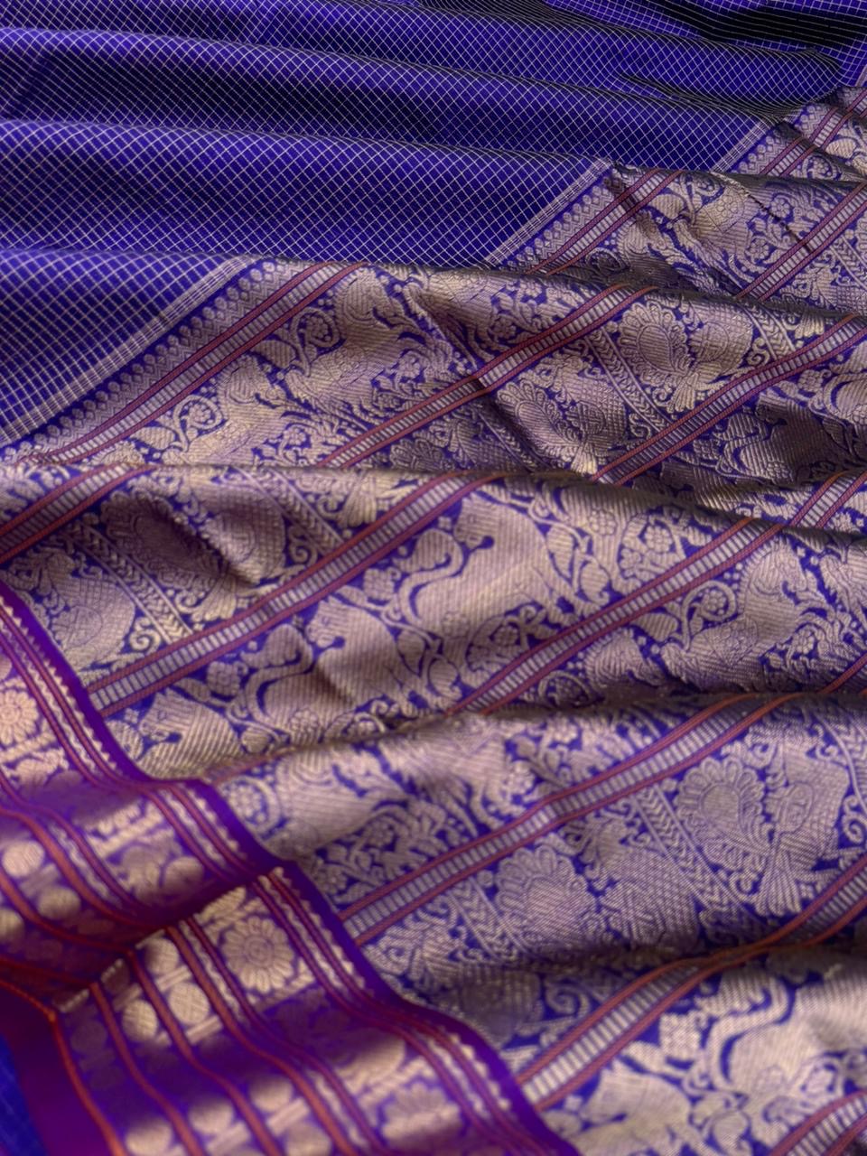 Zari Kissed Silk Cotton - dark ink blue vairaoosi chex with grandest pallu