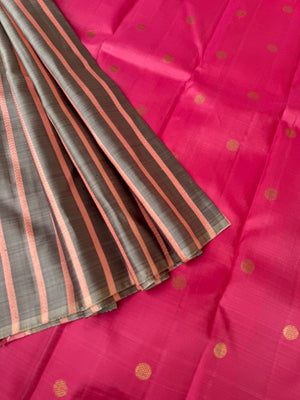 Bliss of Kanchivaram - unusual grey pink vertical veldhari stripes woven pallu with floral pink buttas woven pallu and blouse