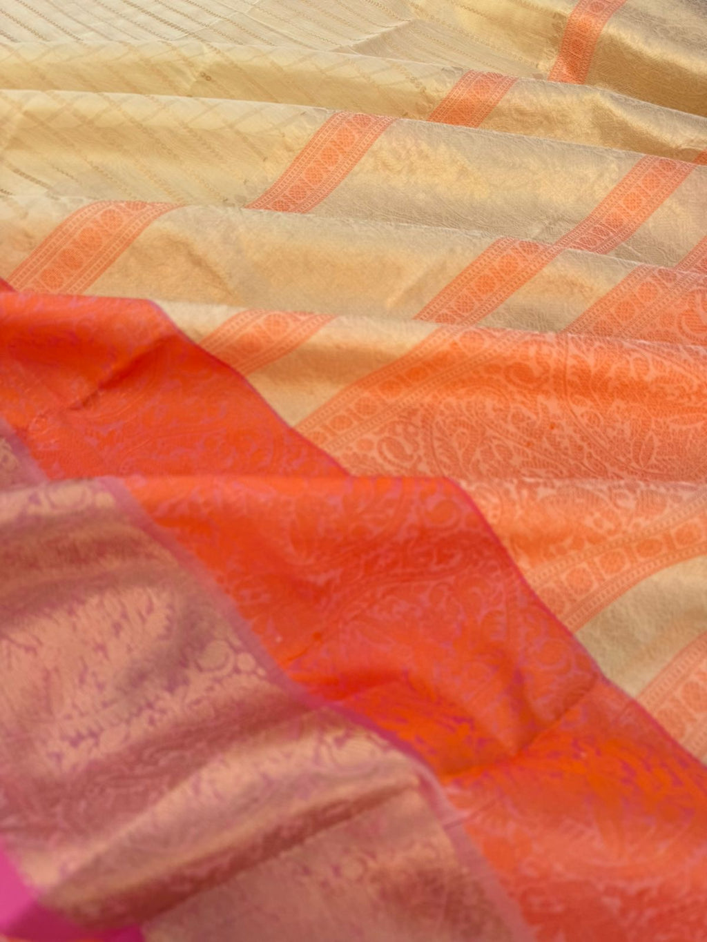 Pastels on Zari Kissed Silk Cotton - our personal best a grand cream gold with orange pink woven borders
