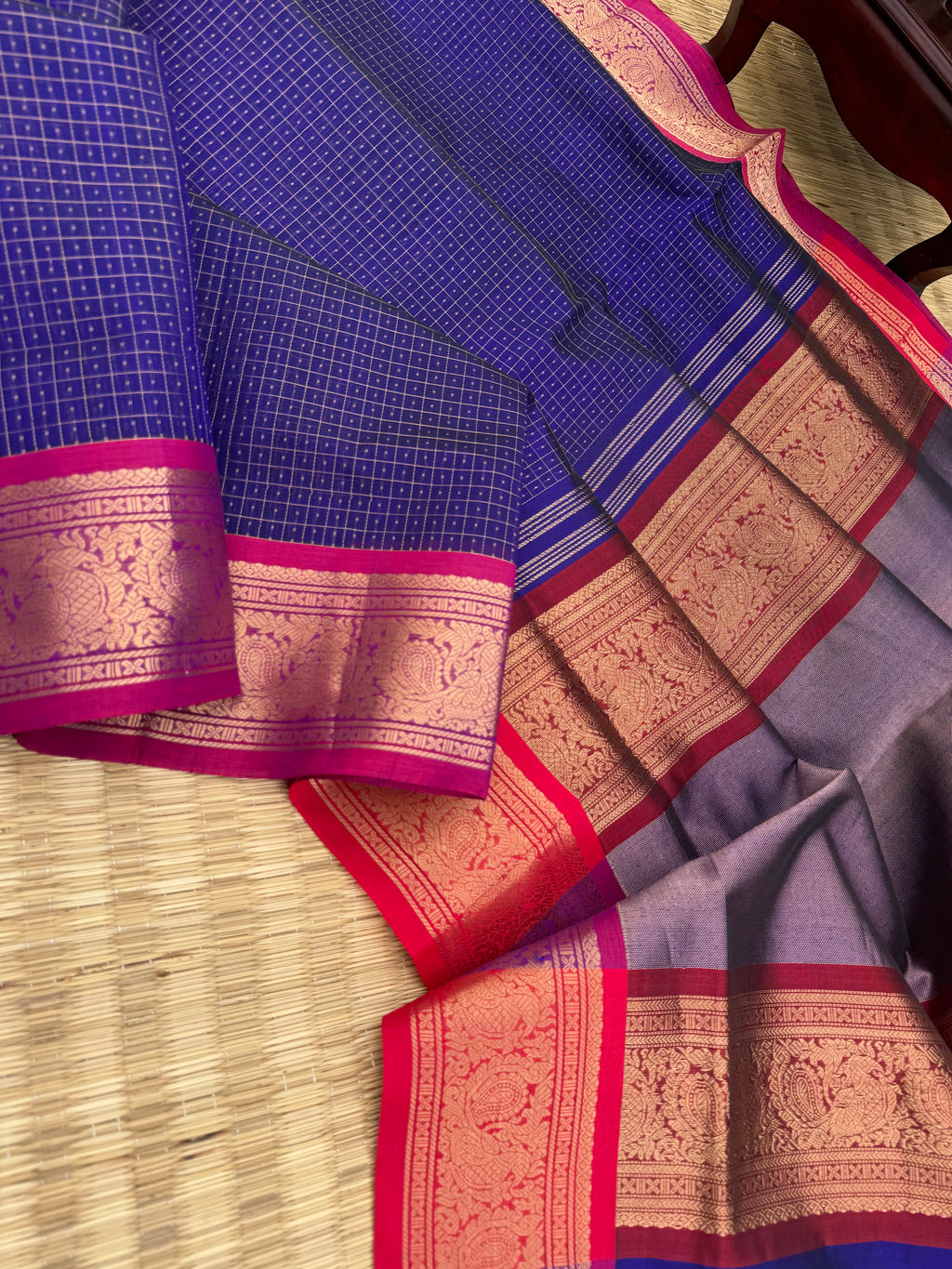 Zari Kissed Silk Cotton - a stunning deep ink blue lakshadeepam