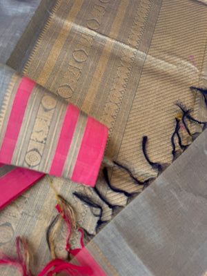 Zari Kissed Silk Cotton - metallic steel grey with rain drops woven buttas