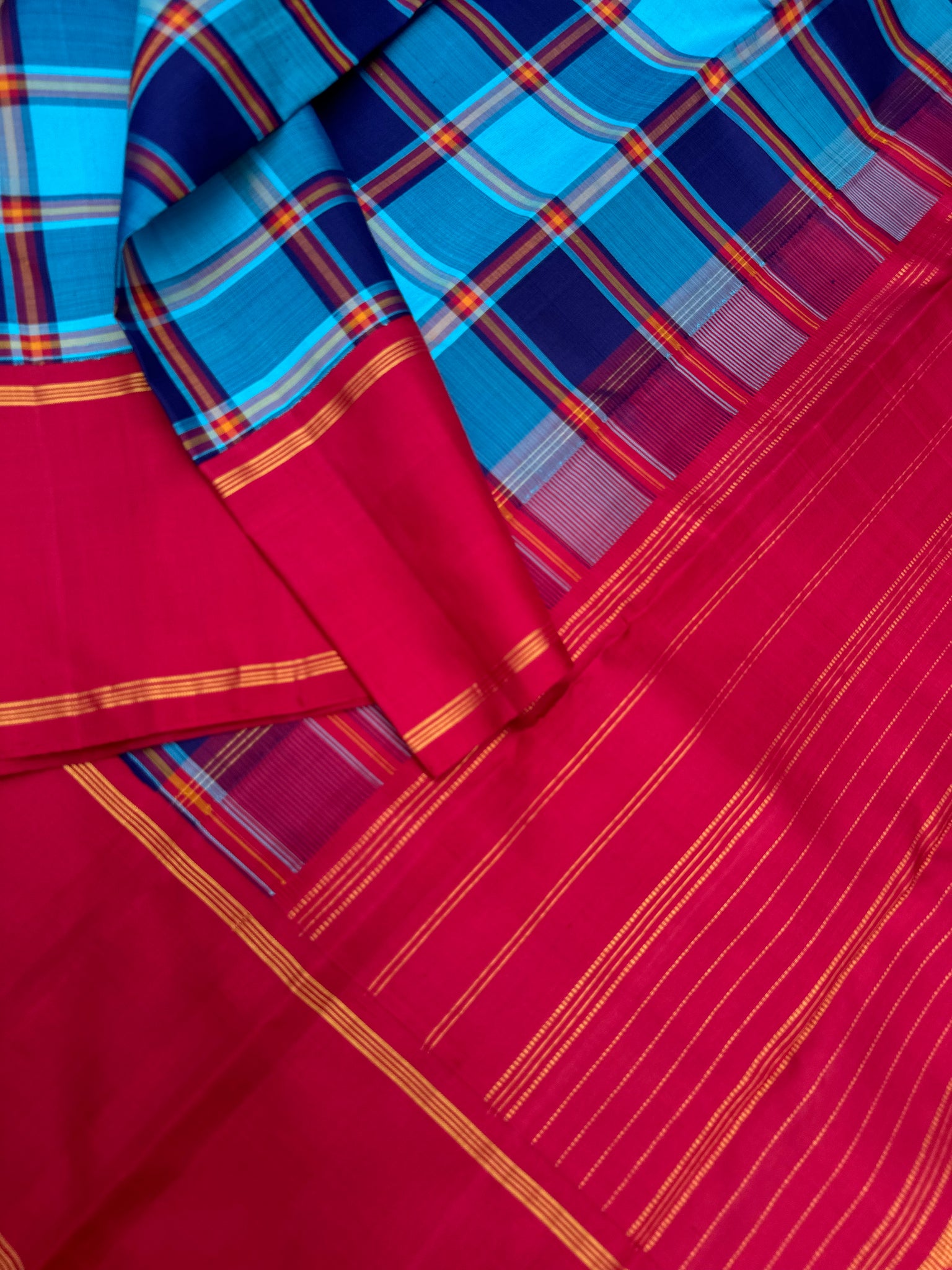 Diwali Edits - Soulful Kanchivaram - stunning blue on blue chex kanchivaram with deep dark red korvai woven borders
