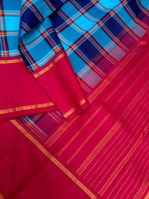 Diwali Edits - Soulful Kanchivaram - stunning blue on blue chex kanchivaram with deep dark red korvai woven borders