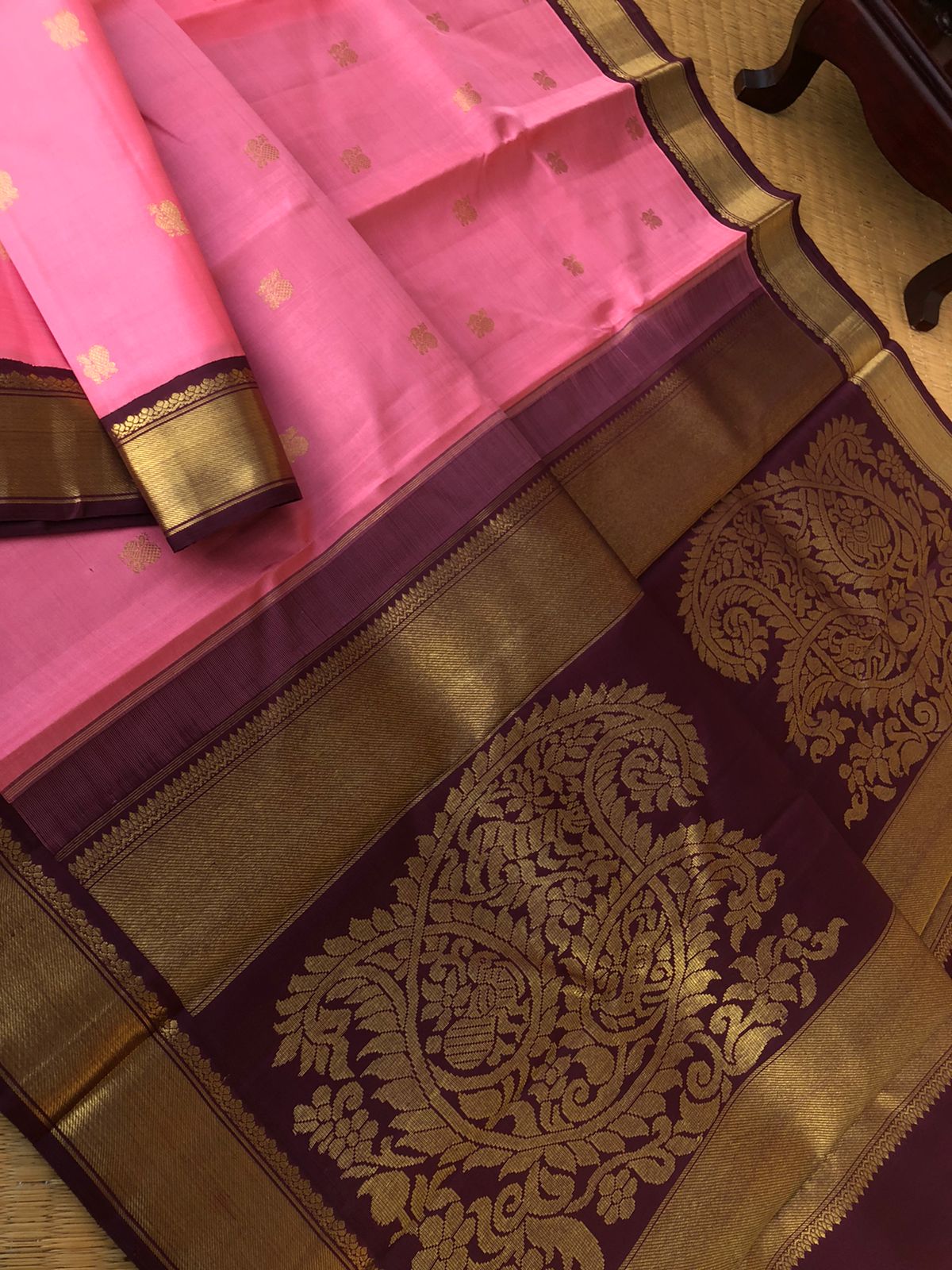 Pastel Ragas on Kanchivaram - beautiful lotus pink and coffee bean with amazing vintage vanasingaram buttas woven pallu