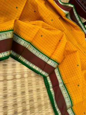 Sahasra - Most Difficult to Make No Zari Kanchivarams - stunning mustard and green with all traditional elements!!
