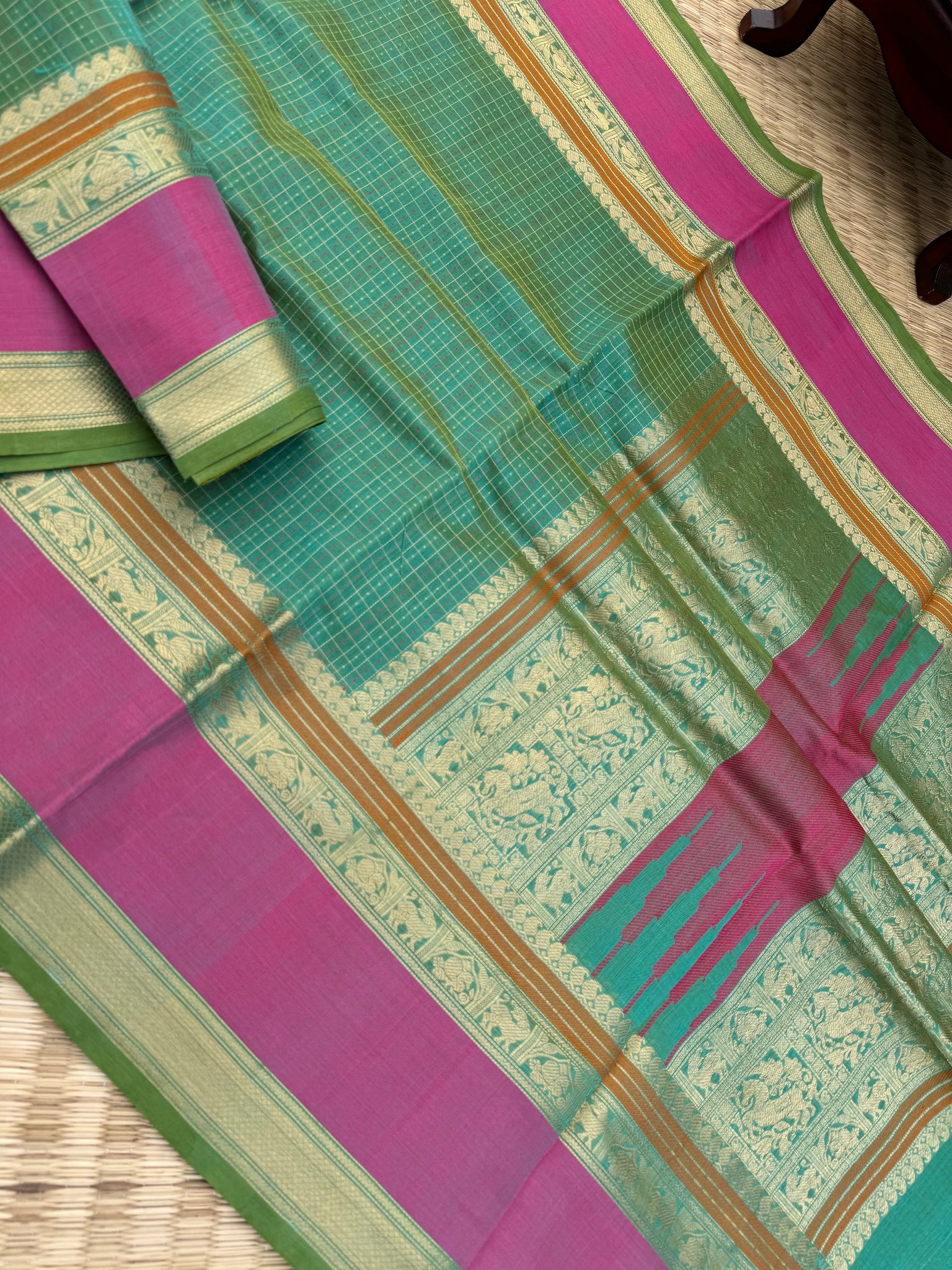 Woven Motifs Silk Cotton - a pale aqua tone lakshadeepam