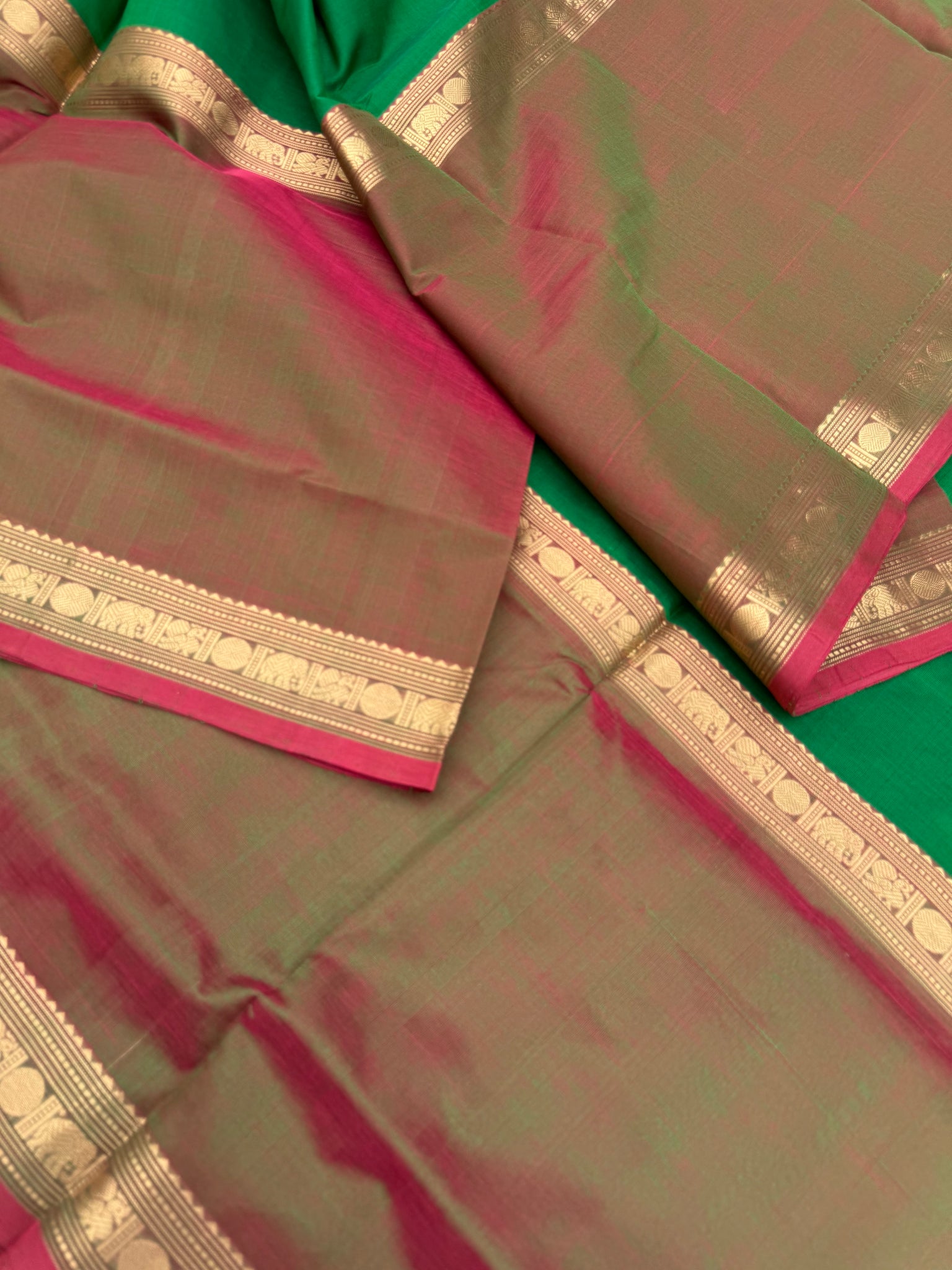 Zari Kissed Silk Cotton - A rare find classic mubbagam ( mubbagam means three parts ) green and maanthulir