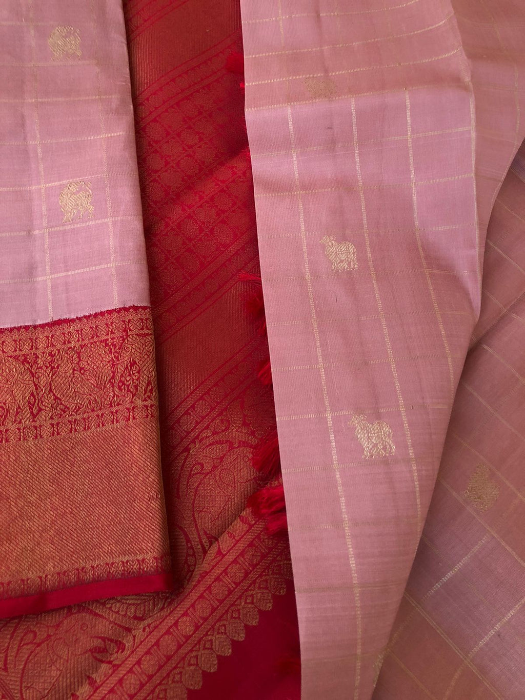 Swarnam - The Solid Kanchivarams - the rare pale dusky rose gold and red with matt finish borders and pallu