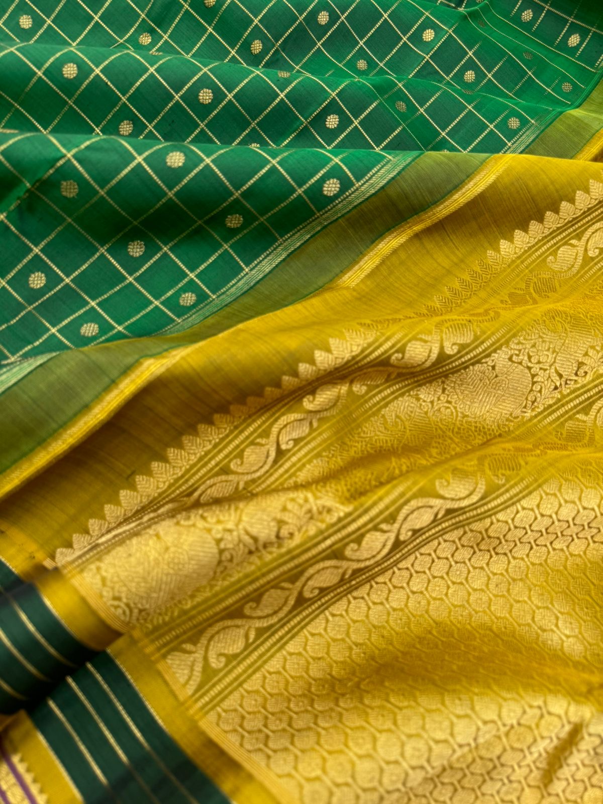 Meenakshi - the beautiful Meenakshi green and golden fenugreek mustard with moppula woven borders and kattam buttas woven body