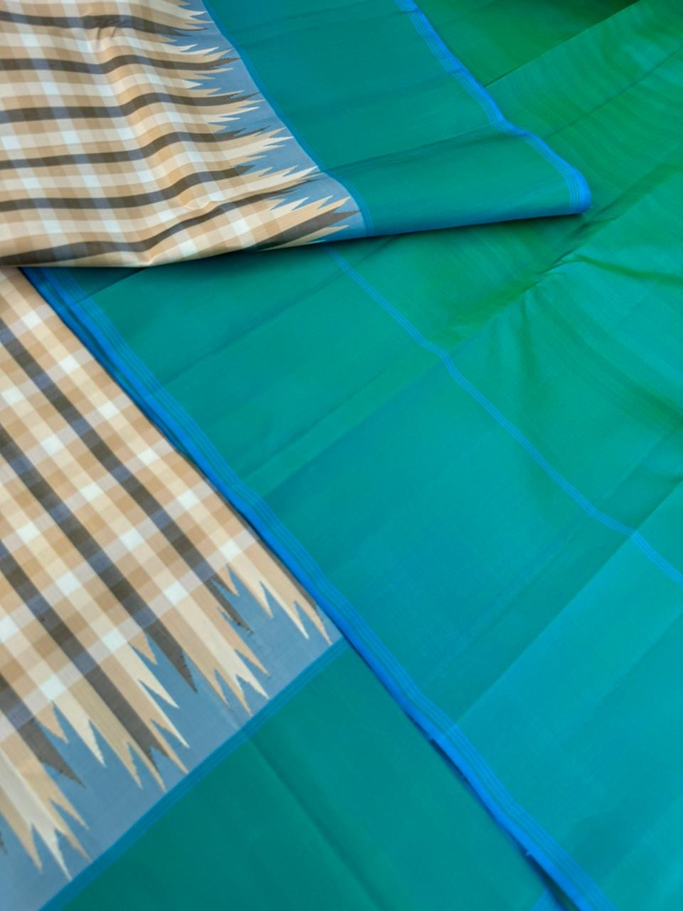 Recipe of Rarest Korvai Kanchivaram - stunning most beautiful beige off white and black chex body with aqua blue borders pallu and blouse