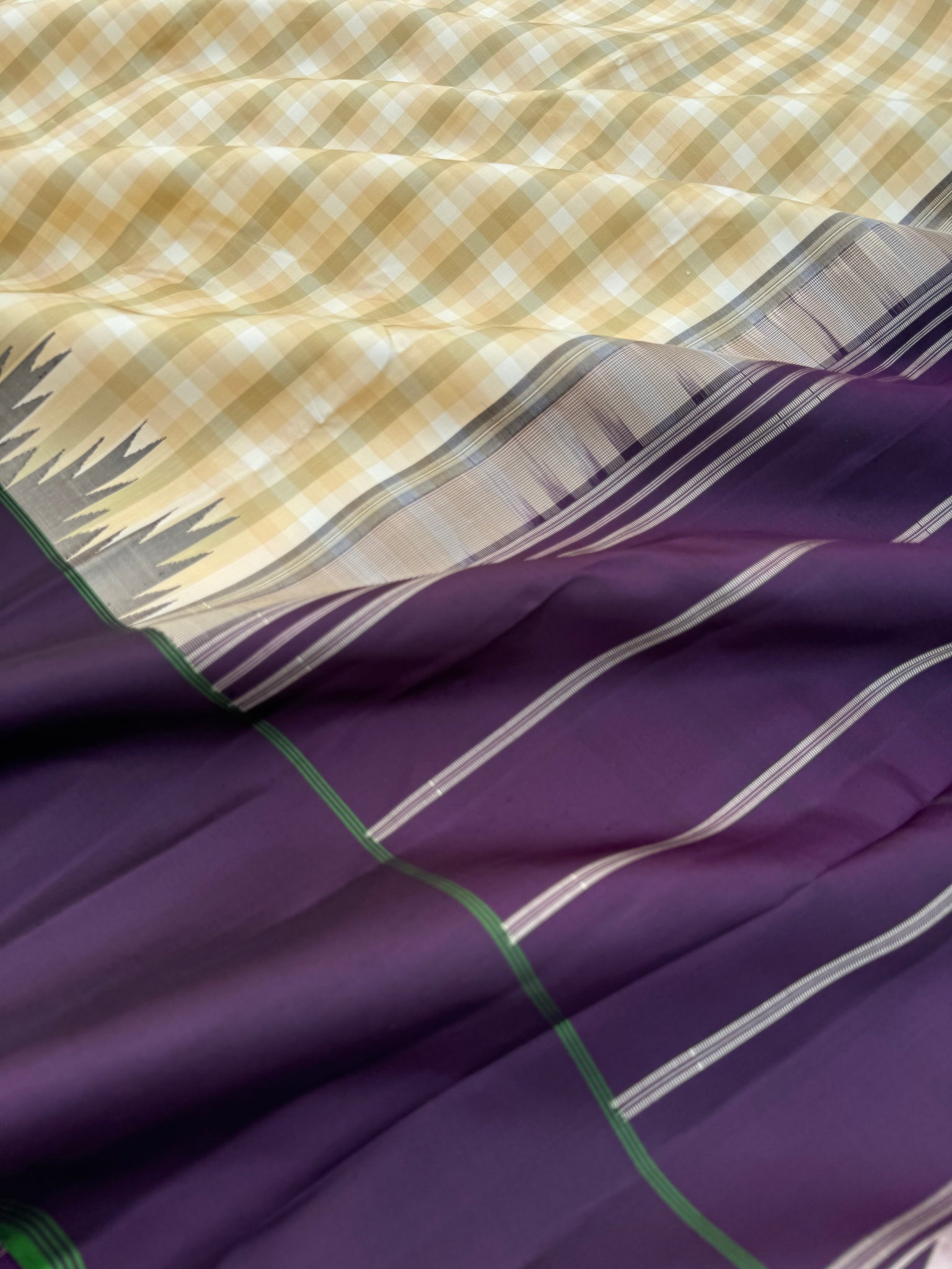 Ekatara - The Rarest Kai Korvai Kanchivarams - most beautiful smart classy corporate chex body with beetle nut jammun purple pallu borders and blouse