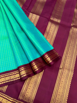 Vintage Ragas on Kanchivaram - beautiful dual tone aqua blue green zari kattam woven body with vintage aadai woven burgundy tone borders