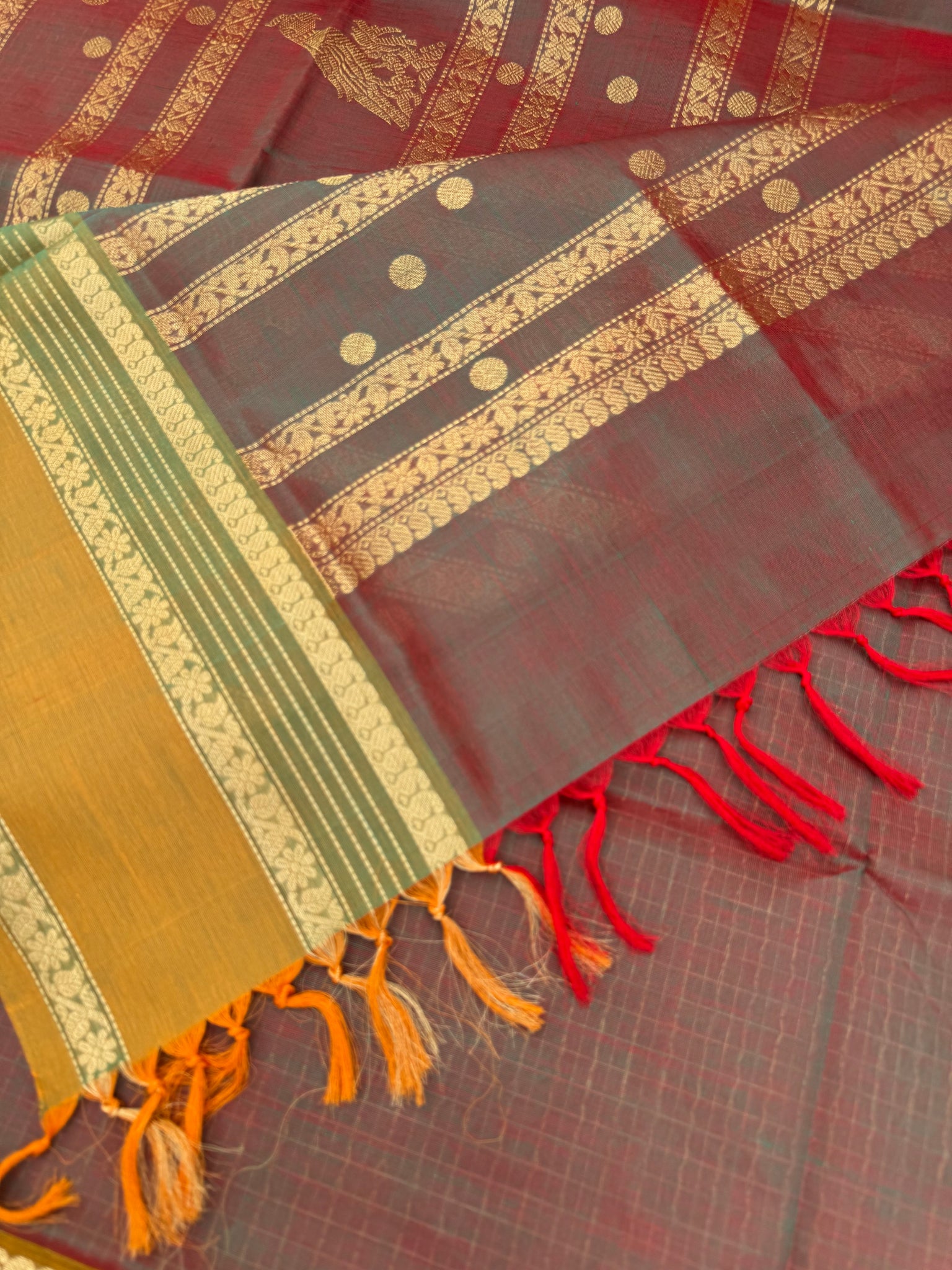 Zari Kissed Silk Cotton - perfect new mango leaf lakshadeepam with long parrots woven pallu
