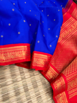 Vintage Ragas on Kanchivaram - most beautiful ms blue and red korvai Kanchivaram with vintage style peacock woven borders
