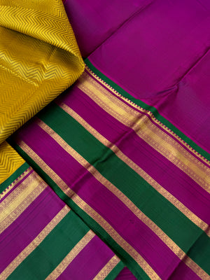 Haritham - Heirloom Yarn Play on Kanchivaram - stunning golden mustard with chevron v pattern woven body