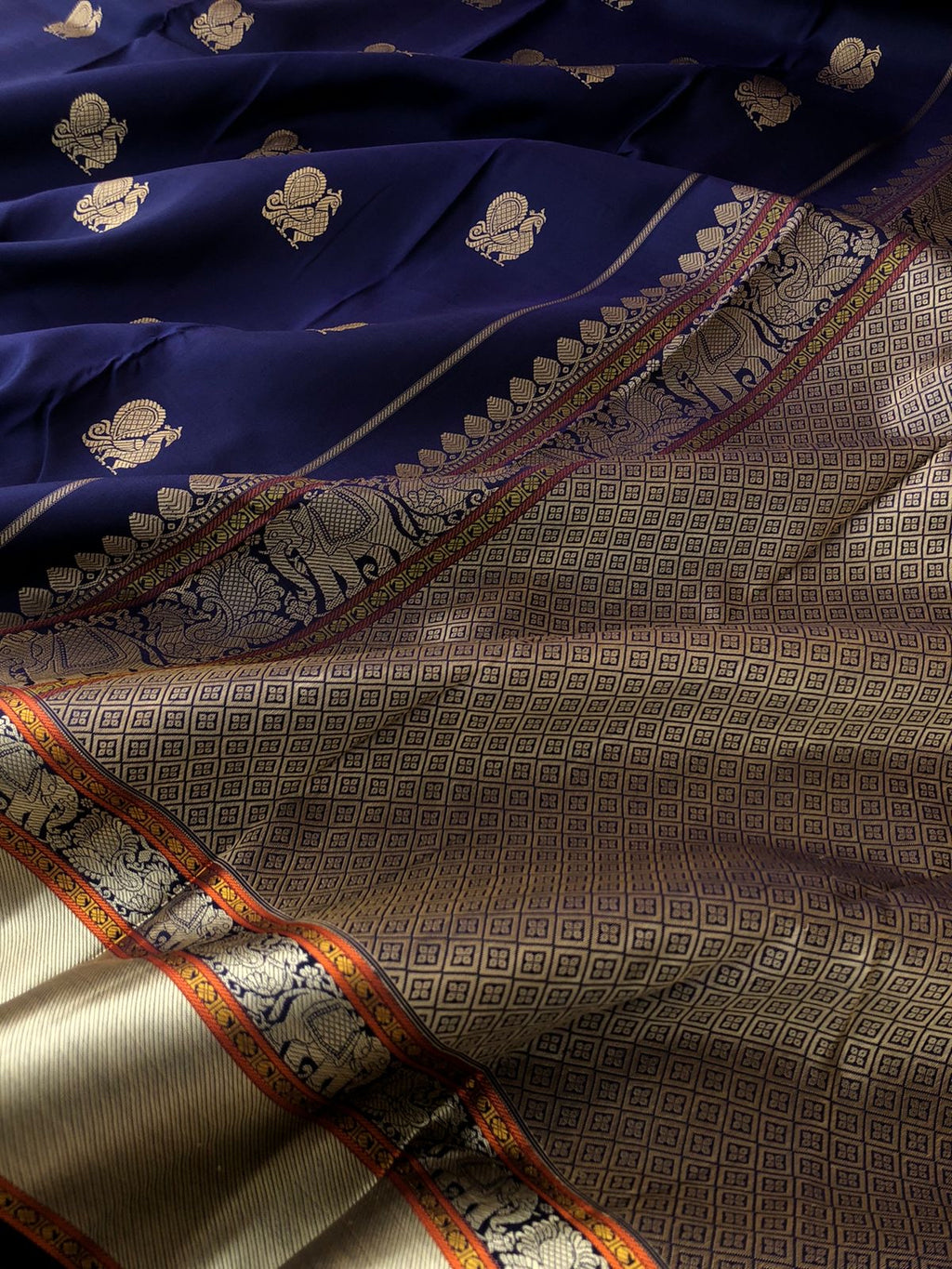 Woven from Memories - Stunning No Zari Kanchivarams - deepest navy blue with beautiful annapakshi woven buttas