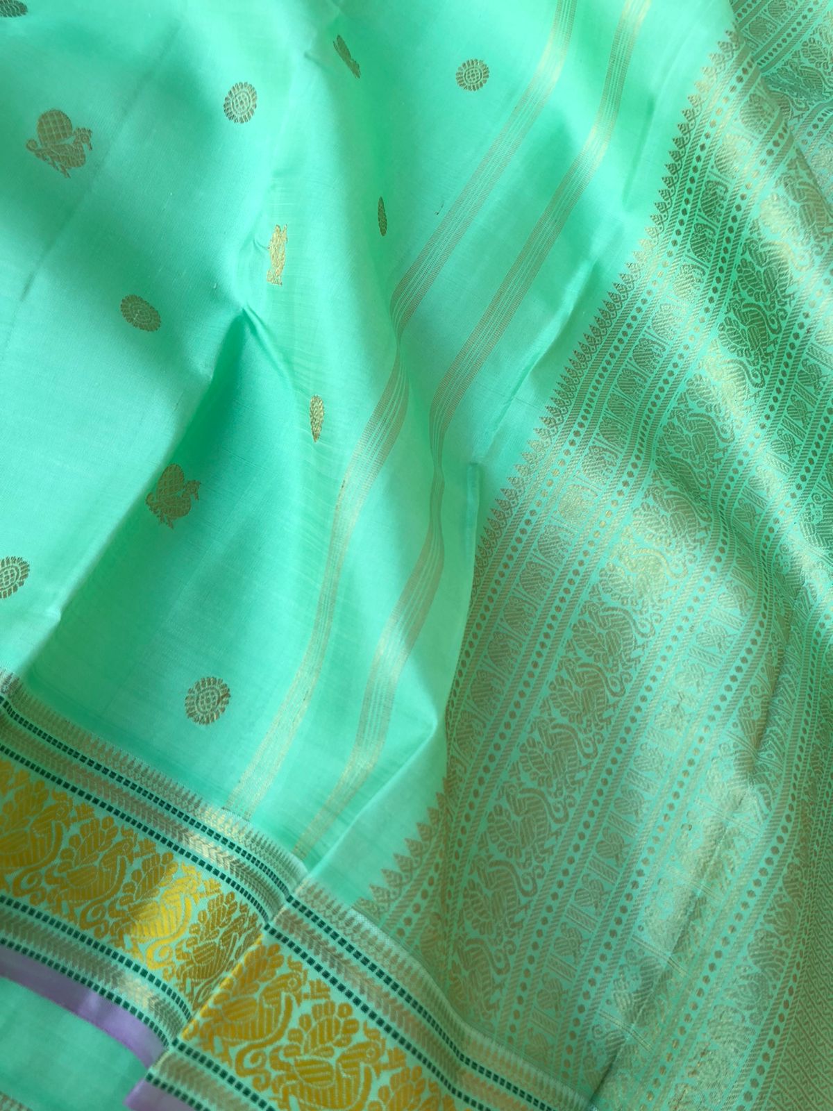 Pastel Ragas on Kanchivaram -soo beautiful soo elegant pastel pista ice cream tone body with mustard silk thread woven borders with gold zari woven intricate pallu