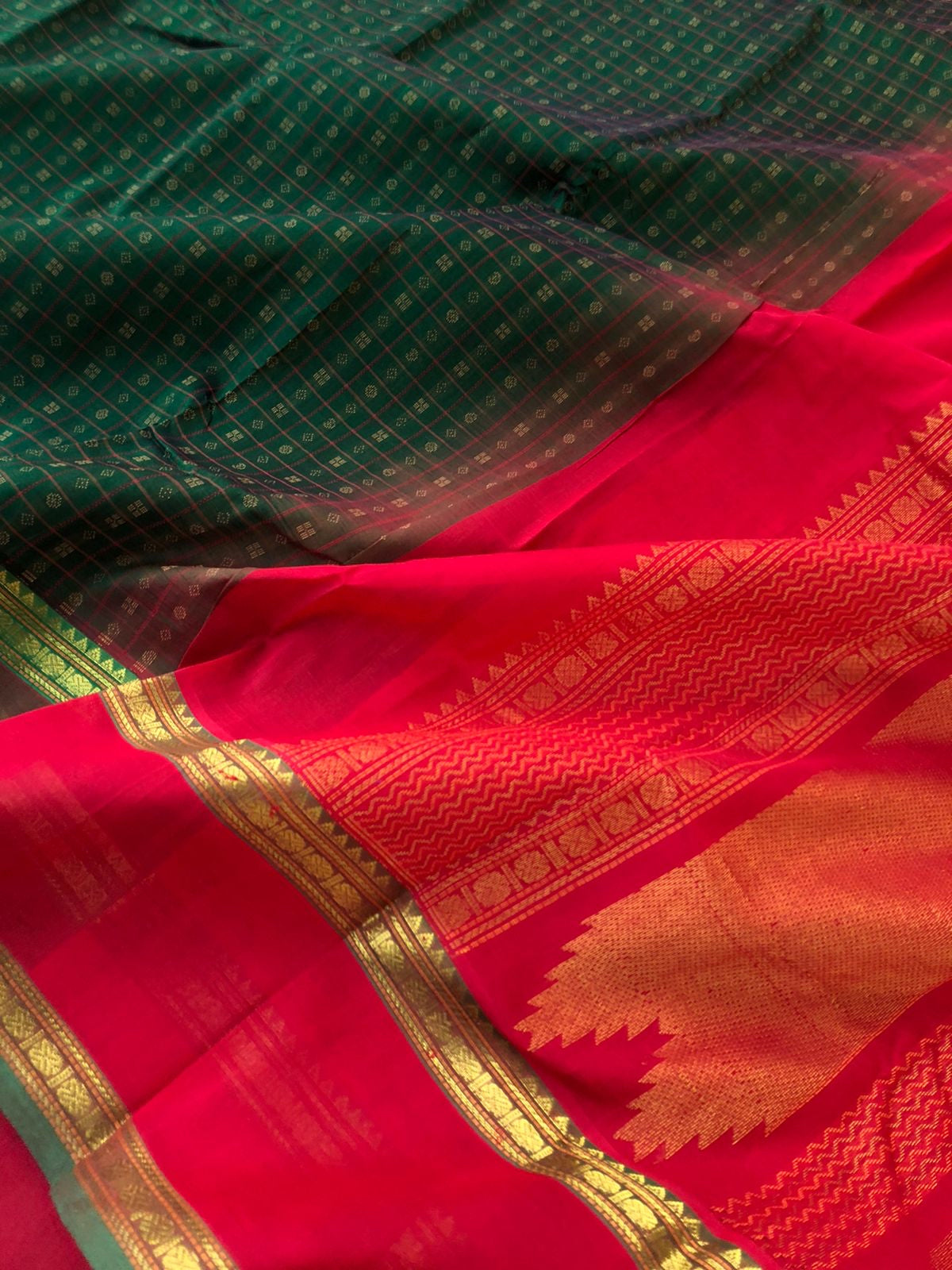 Woven Motifs Silk Cotton - forest green and red Lakshadeepam