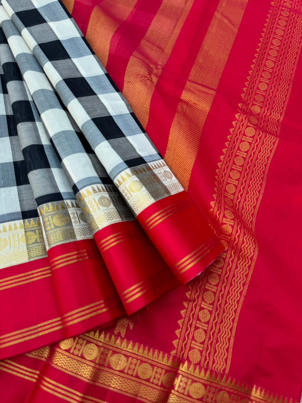 Korvai Silk Cotton - Beautiful Black and Off White Chex with Deep Red Silk Borders