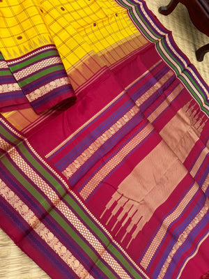 The Best of No Zari Korvai Kanchivaram - the most traditional yellow and aaraku with all traditional Kanchivaram elements kattam buttas Korvai everything