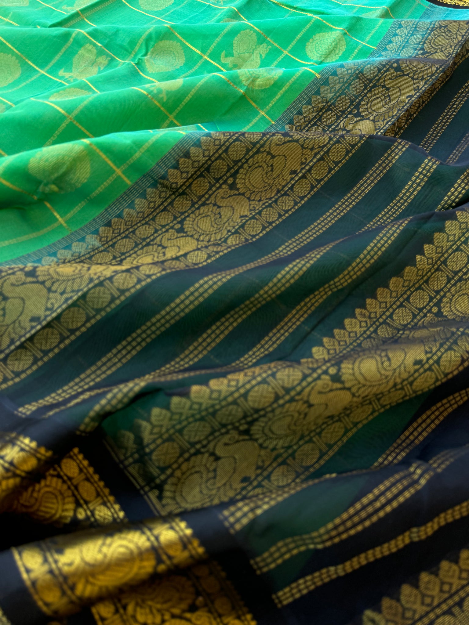 Korvai Silk Cotton - dual tone aqua green and black Mayil chackaram