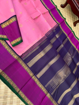 Kamakshi - Heirloom Korvai Kanchivaram - a dusky pink and navy blue pallu and blouse with retta pett woven borders