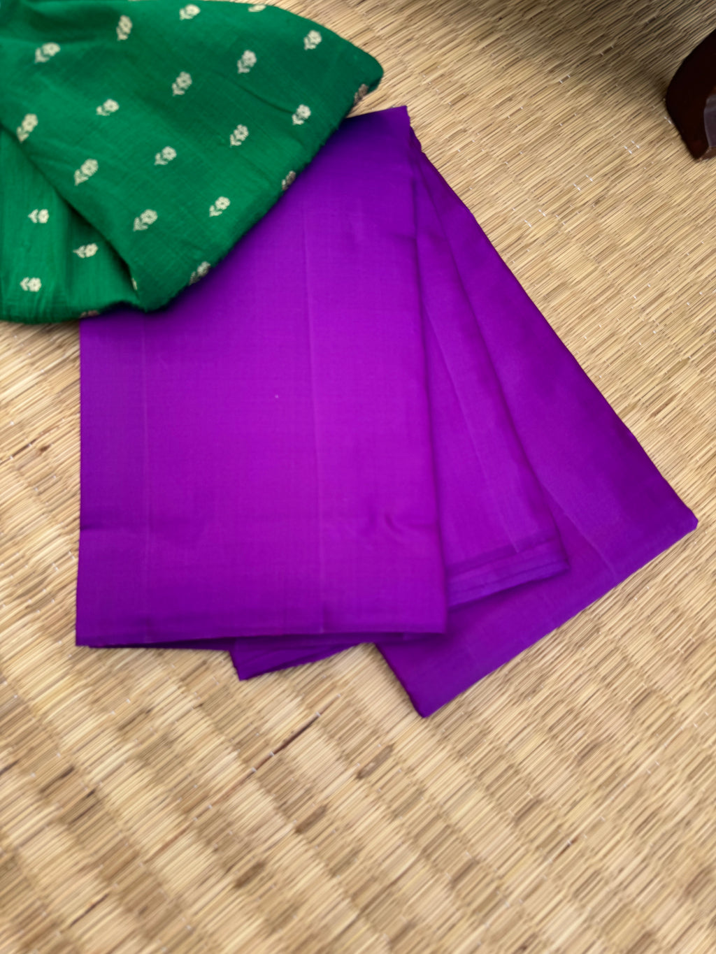 Niram - Celebrating of Full Plain Kanchivaram Silks Paired with Beautiful Blouses - stunning purple with bottle green raw silk blouse