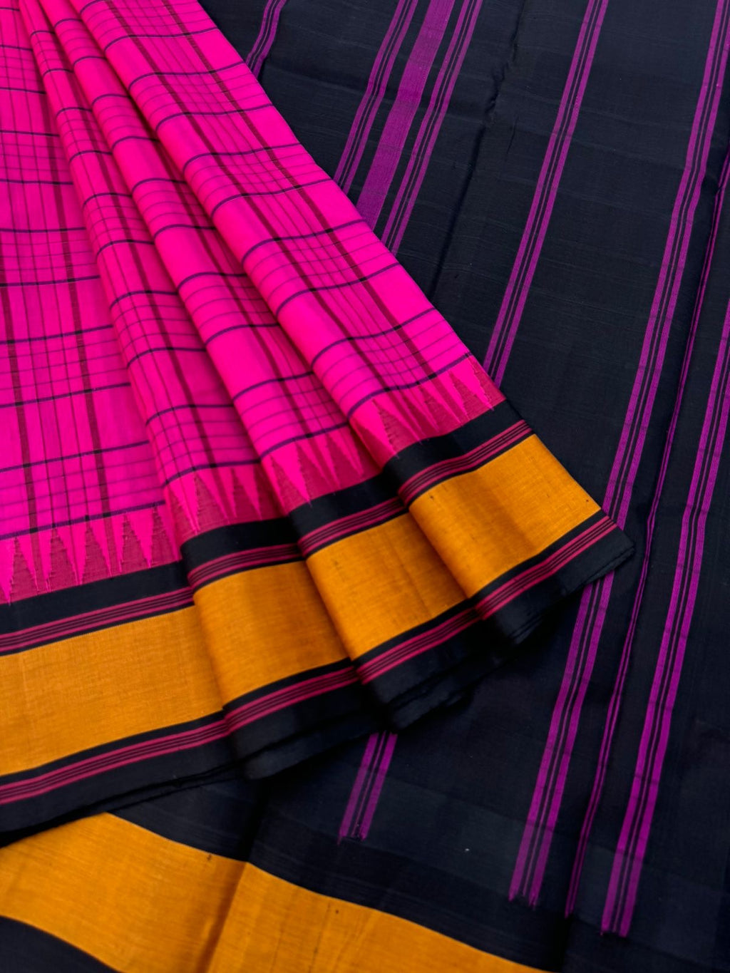 Signature Silk Cotton - pink body and mustard borders with mid night black pallu and blouse