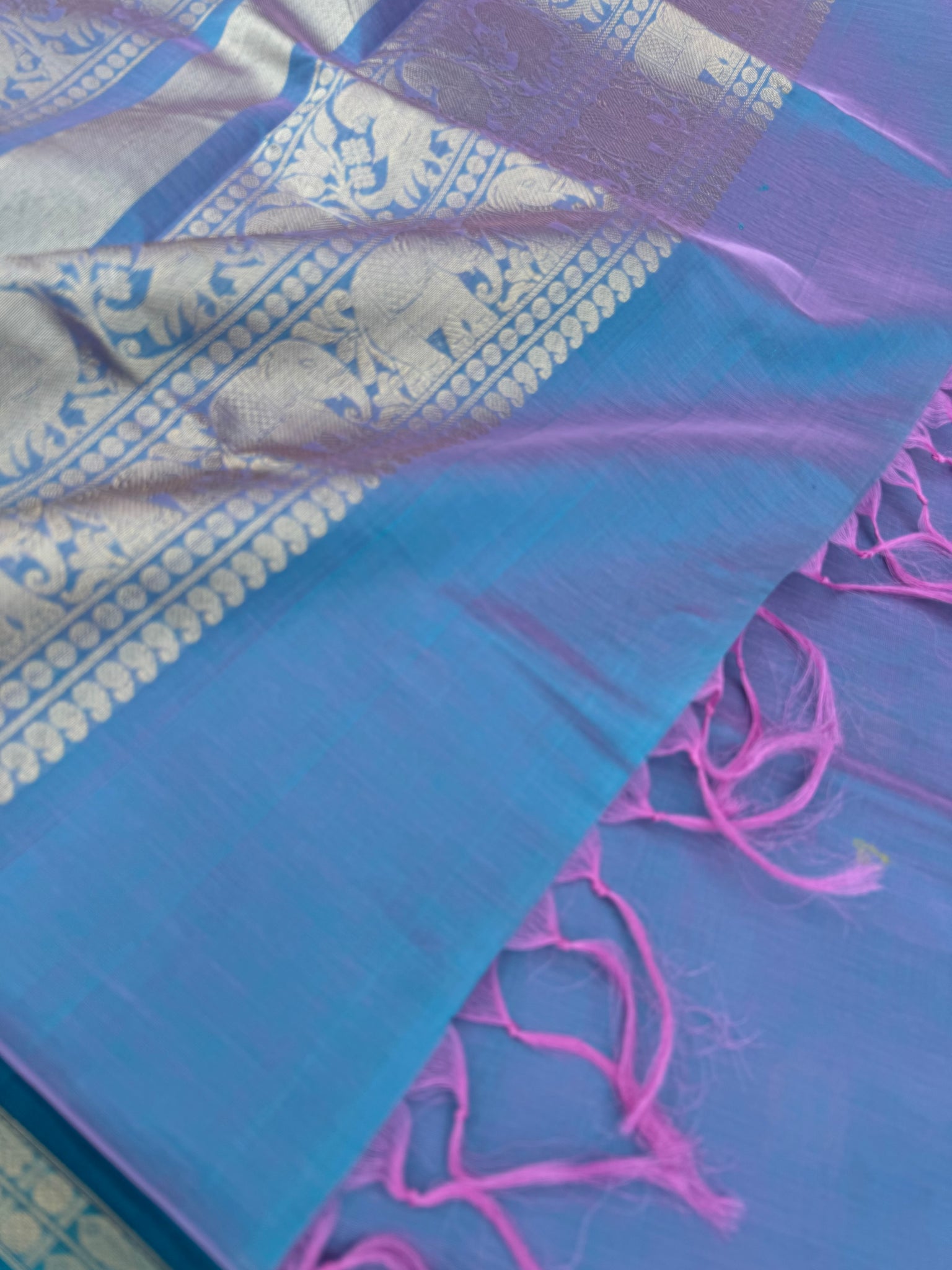 Zari Kissed Silk Cotton - a rose pink mixed powder blue retta pett