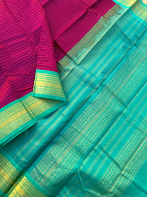 Korvai Silk Cotton - deep majenta and aqua zari kattam