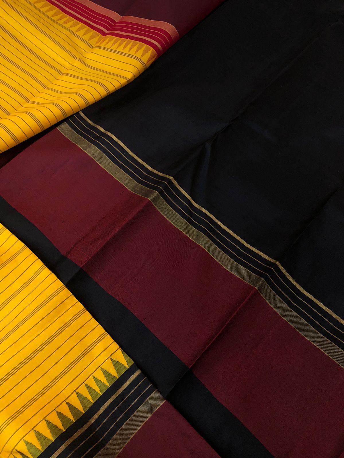 Connected by Korvai on Kanchivaram - traditionaly stunning mustard and black maroon ganga jammuna woven borders